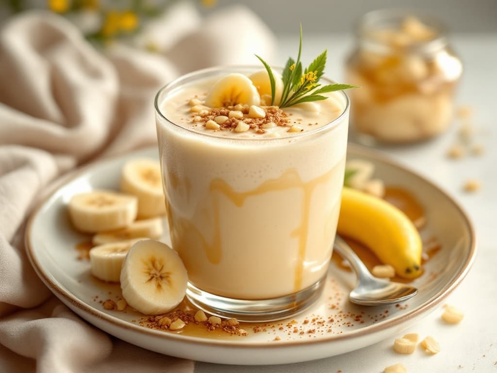 Cremiger Haferporridge mit Banane, Datteln und Honig — Ein cremiges Getränk/Smoothie im Glas mit Bananenscheiben, Honig und Nüssen – kein Porridge