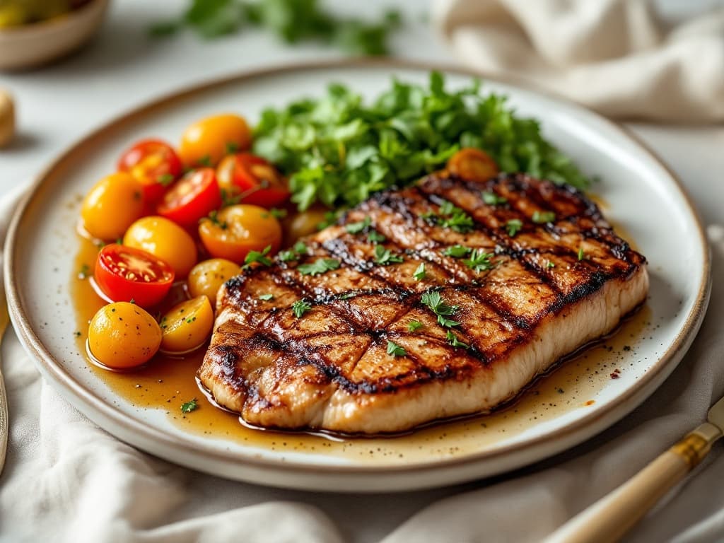 Lachsfilet mit Kürbis und Kichererbsen aus dem Ofen — Gegrilltes Fleisch- oder Fischsteak mit Grillmarkierungen, Kirschtomaten und frischen Kräutern