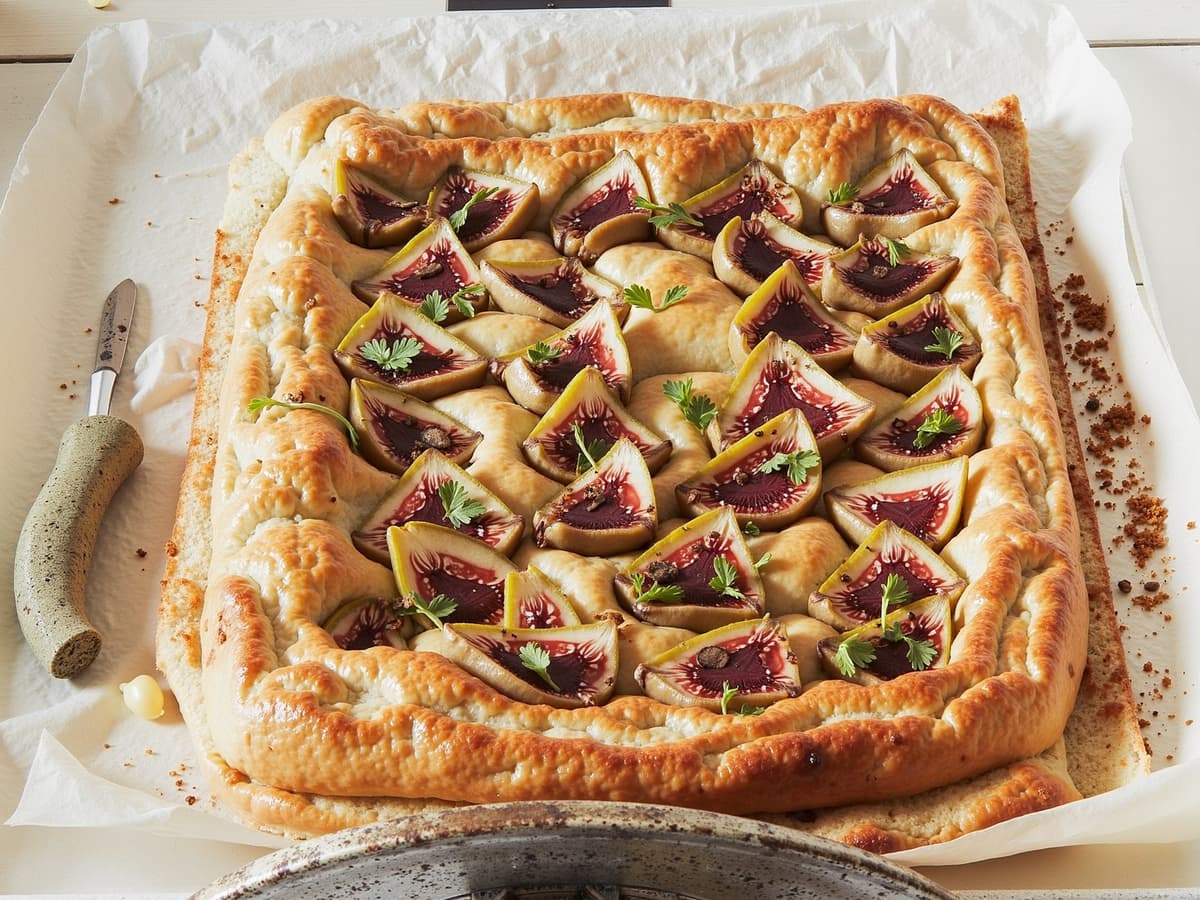 Blätterteig-Tarte mit Ricotta-Creme, frischen Feigen und Honig — Quadratische Blätterteig-Tarte mit cremiger Füllung, reichlich frischen Feigenspalten und frisc