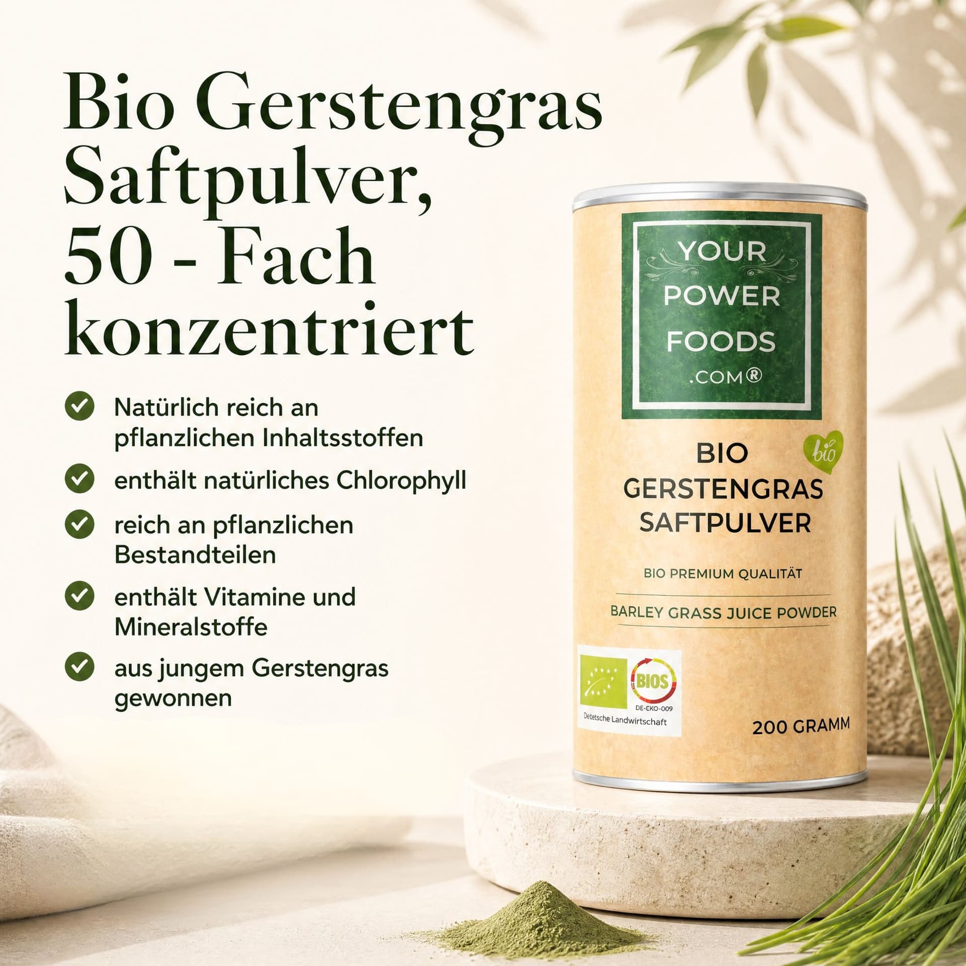 Bio Gerstengras Saftpulver, 50 - Fach konzentriert, 200g