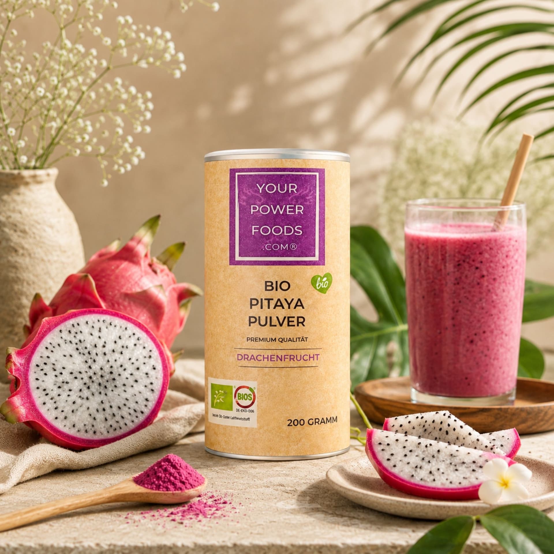Pitaya Pulver, Bio, 200g, rotes Drachenfrucht Pulver, Red Dragon Powder