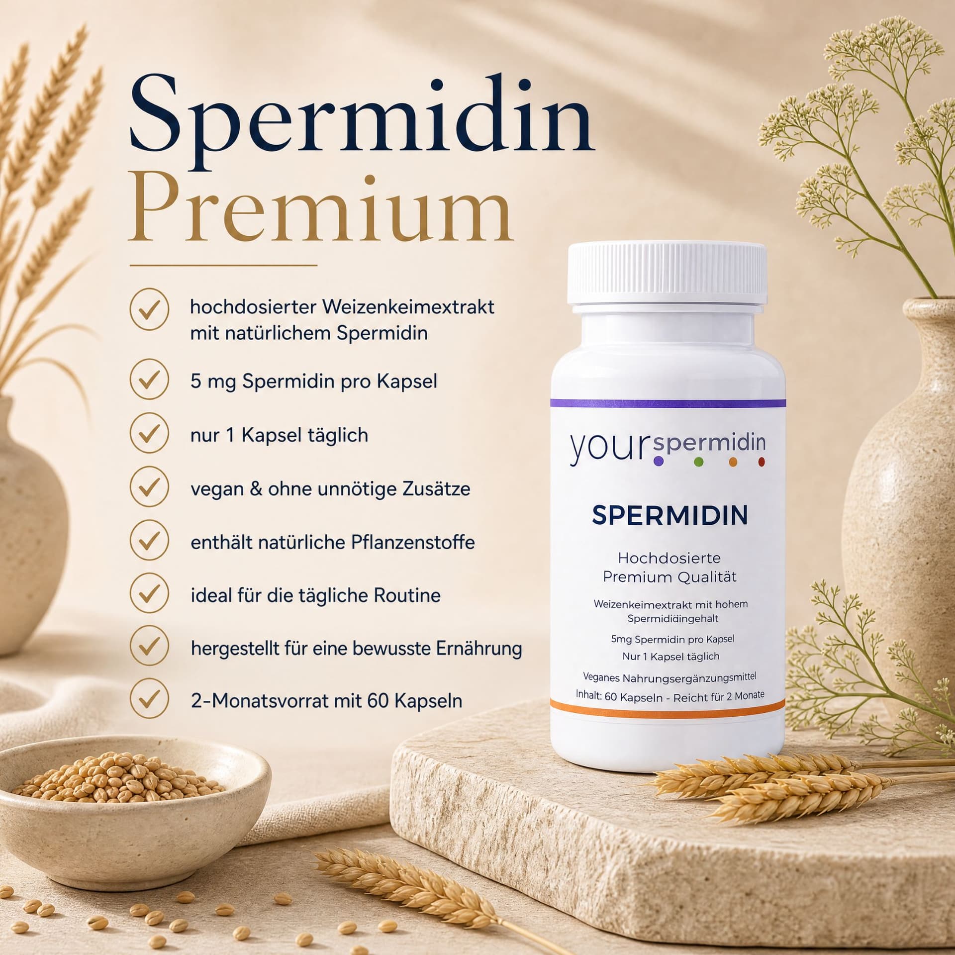 Spermidin - Premium Qualität, 5mg hochdosiert, 2 Monatspackung, 60 Kapseln