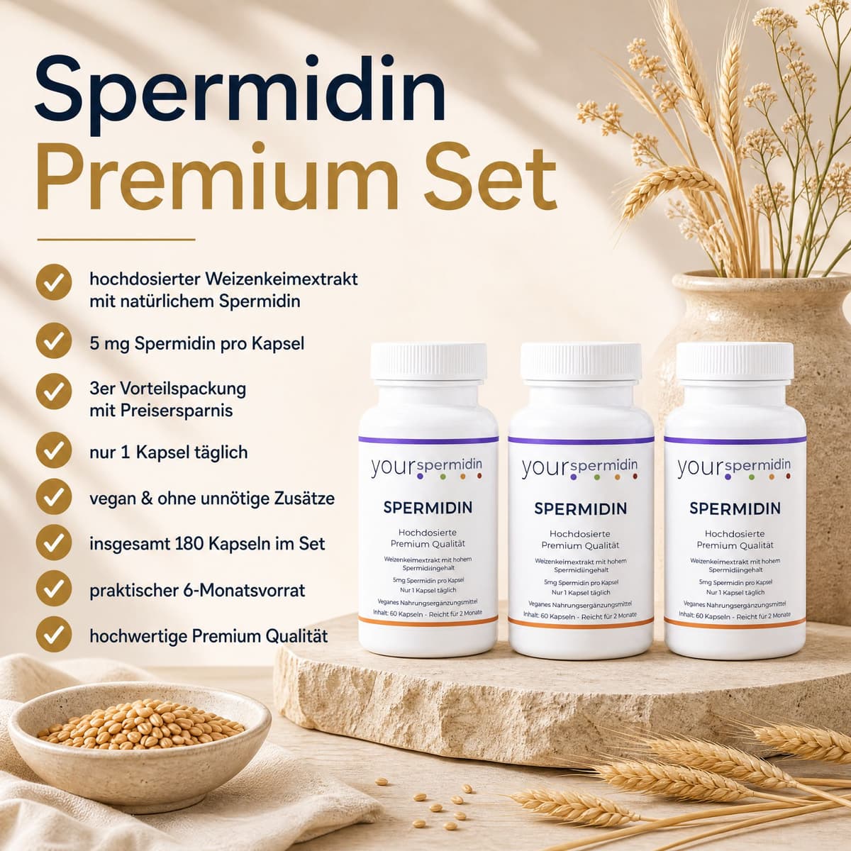 Spermidin Hochdosiert 5mg | Spermidin für 6 Monate | Weizenkeimextrakt Kapseln Kaufen | 3-er Vorteilsset 2