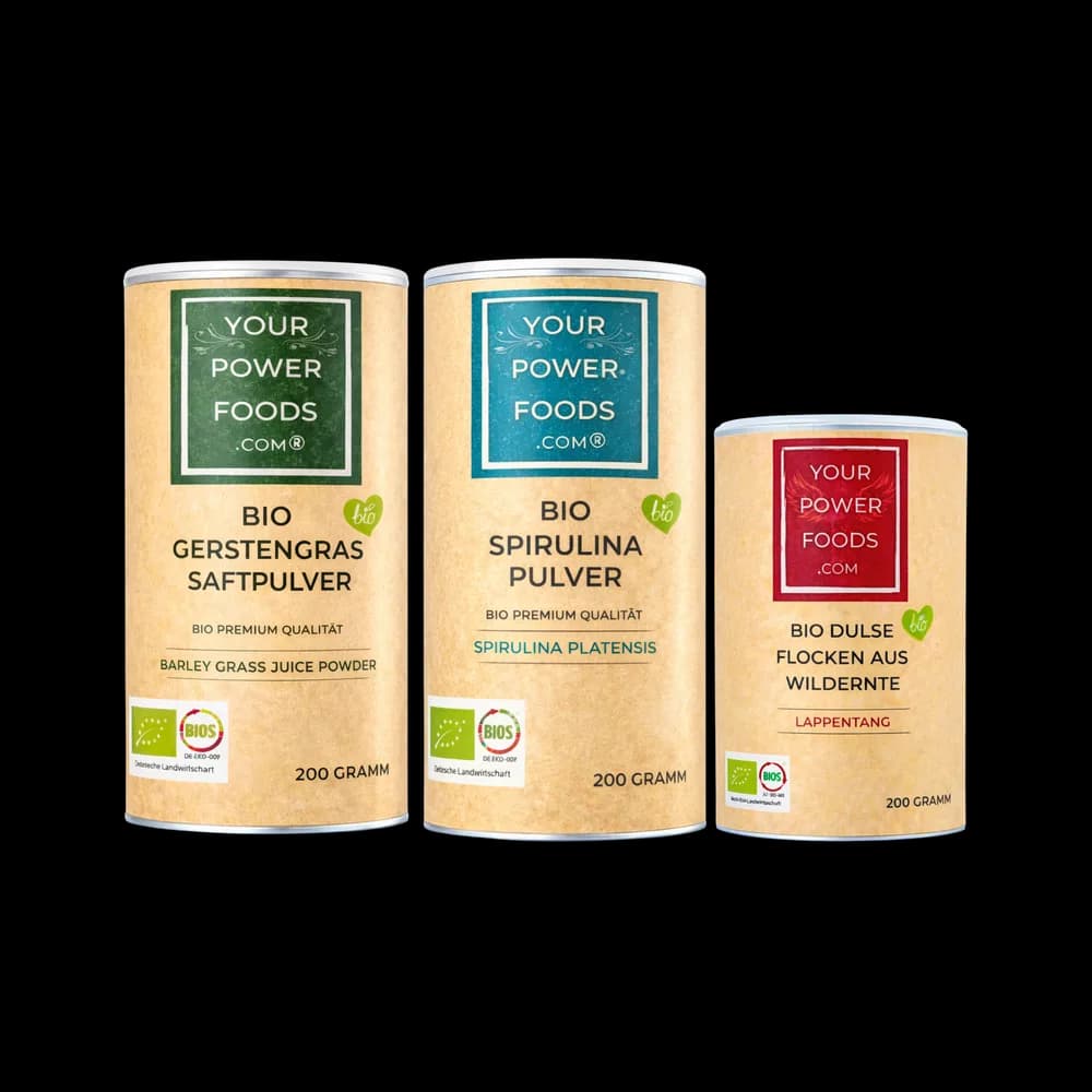 Power Foods Trio - Bio Spirulina, Dulse, Flocken, Gerstengras im Set Power Foods Trio - Bio Spirulina, Dulse, Flocken, Gerstengras im Set