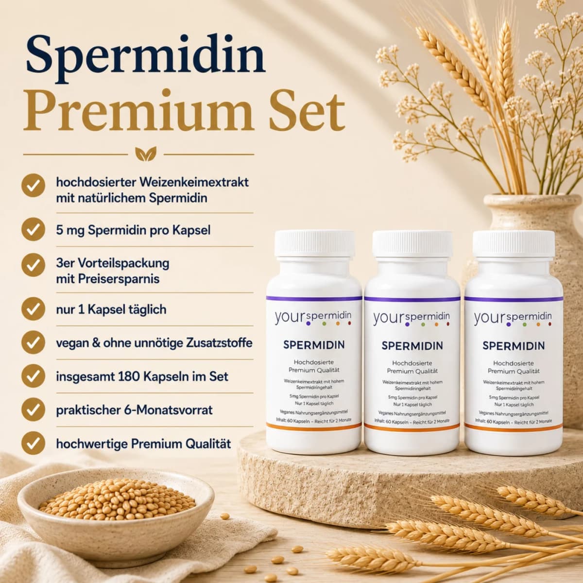 Spermidin Visoko Doziran 5mg | Spermidin za 6 Mjeseci | Kapsule Ekstrakta Pšeničnih Klica | Povoljni Set od 3 Pakiranja 3