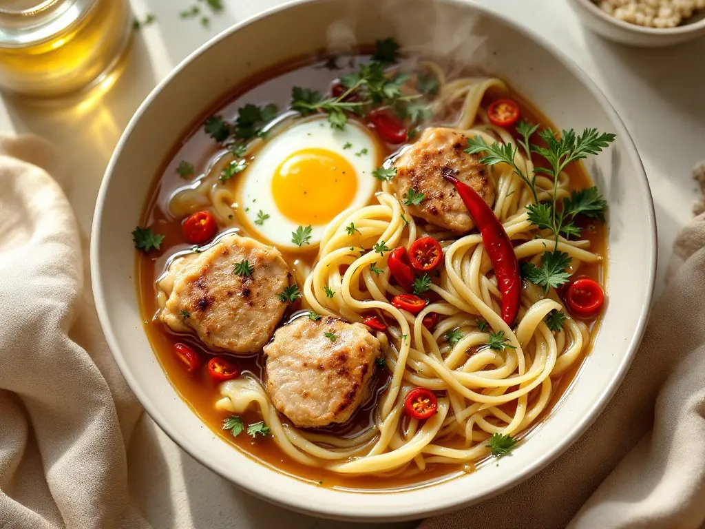 Hähnchen-Bowl mit Reisnudeln, würziger Brühe und gerösteten Erdnüssen