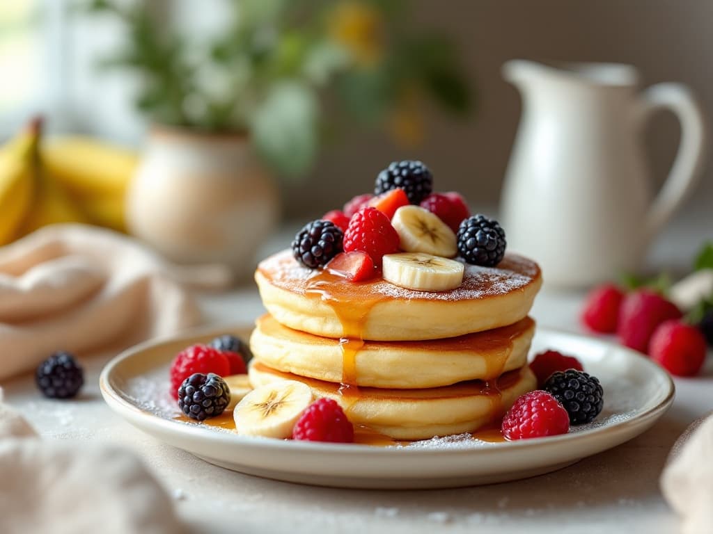 Fluffige Haferflocken-Pancakes mit Banane und Himbeeren