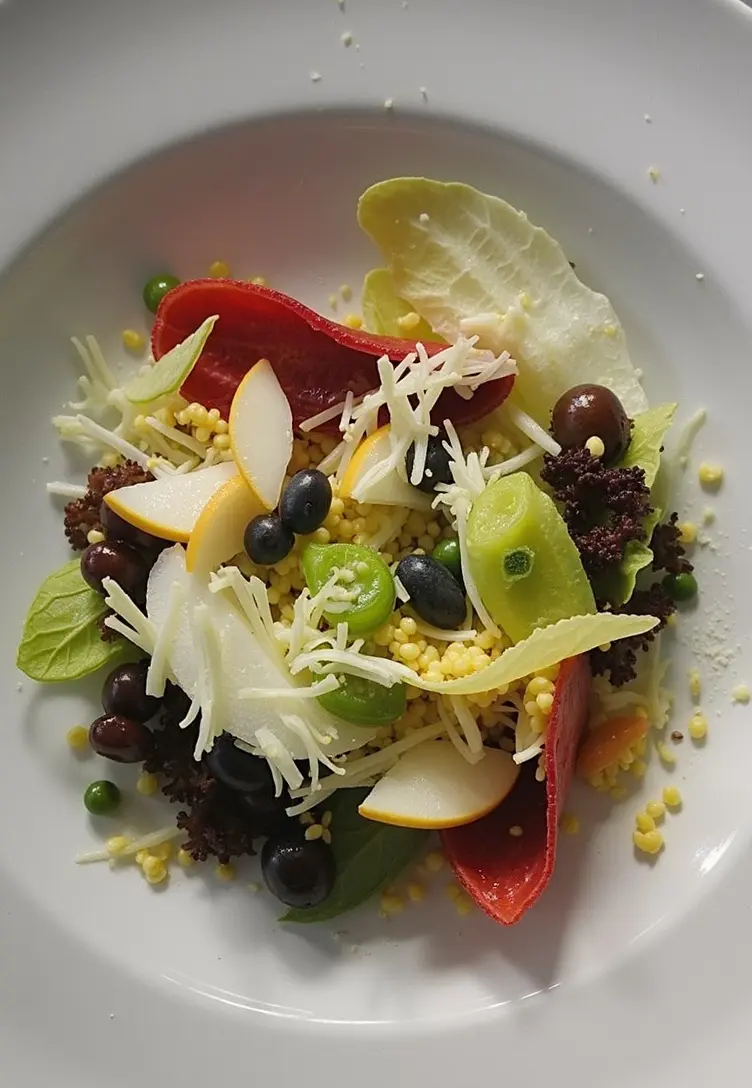 Bunter Blattsalat mit Birnenspalten, Weintrauben und Käsespänen