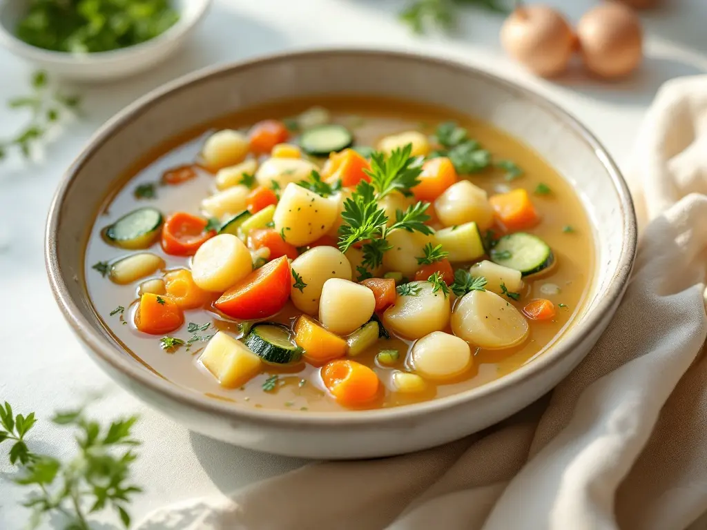 Bunte Gemüsesuppe mit Zuckerschoten und Bohnen