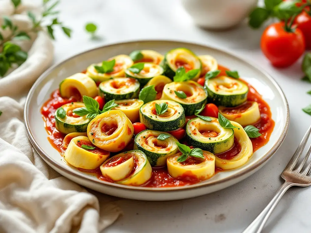 Zucchini-Röllchen mit Ricotta-Spinat-Füllung und Tomatensauce