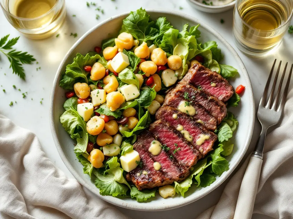 Rinderhüftsteak mit Sauce béarnaise und Kürbisknödeln auf Feldsalat