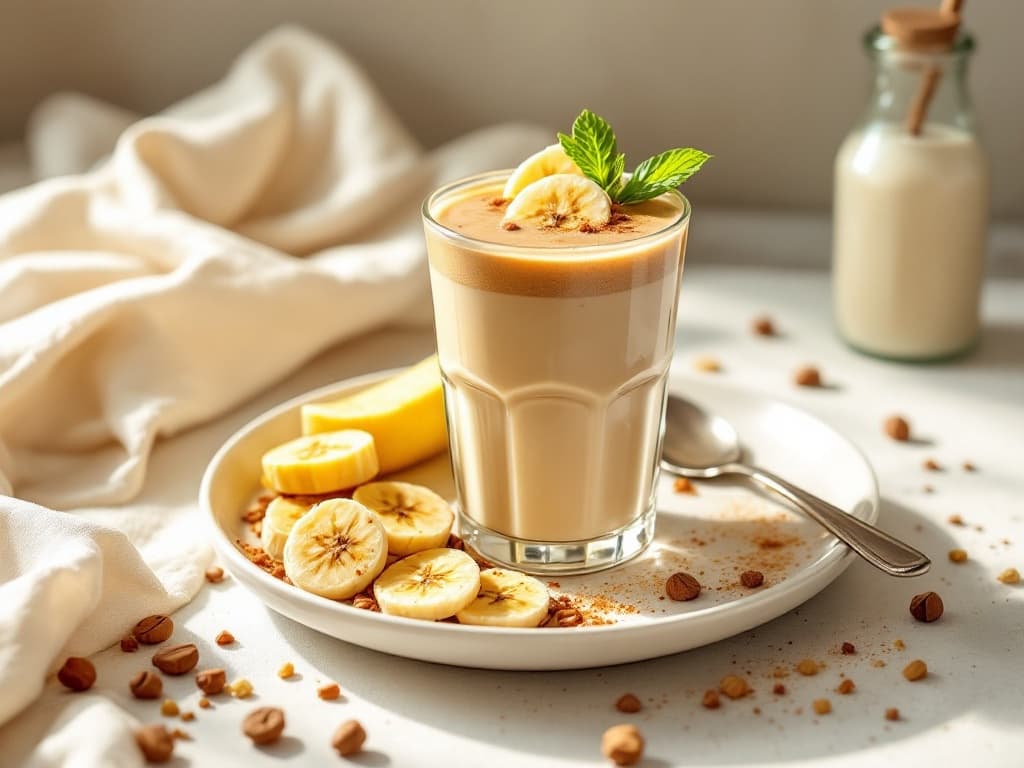 Kaffee-Proteinshake mit Erdnussmus und Hüttenkäse