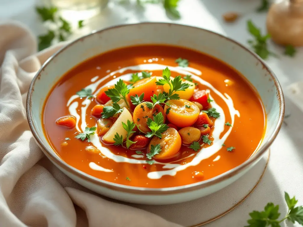 Würzige Möhren-Tomatensuppe mit Pistazien-Joghurt-Nockerl
