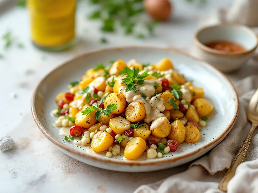 Gebackene Süßkartoffel mit Kichererbsen-Füllung und Tahini-Dressing