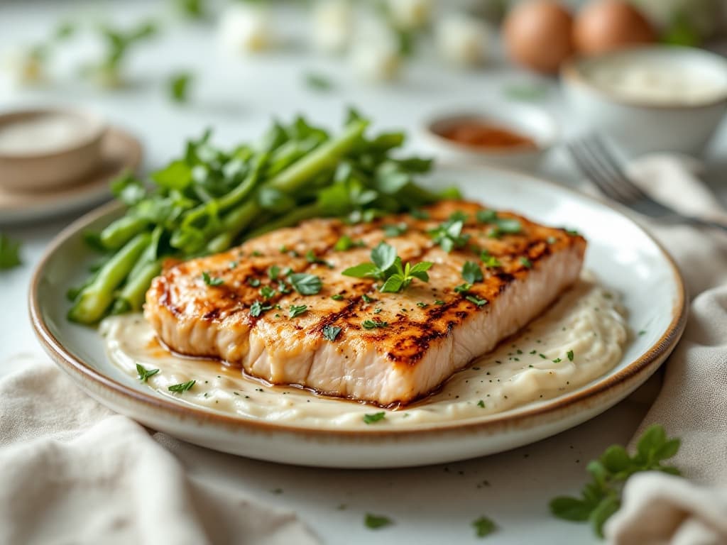 Gebratenes Lachsfilet auf cremiger Basilikum-Sauce mit buntem Frühlingsgemüse