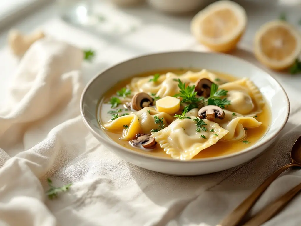 Klare Gemüsesuppe mit selbstgemachten Ziegenfrischkäse-Ravioli