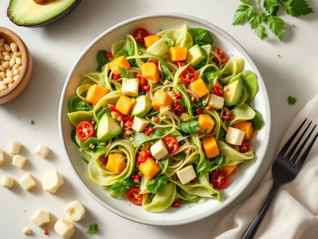 Glasnudel-Salat mit Papaya, Avocado, Tofu und Garnelen