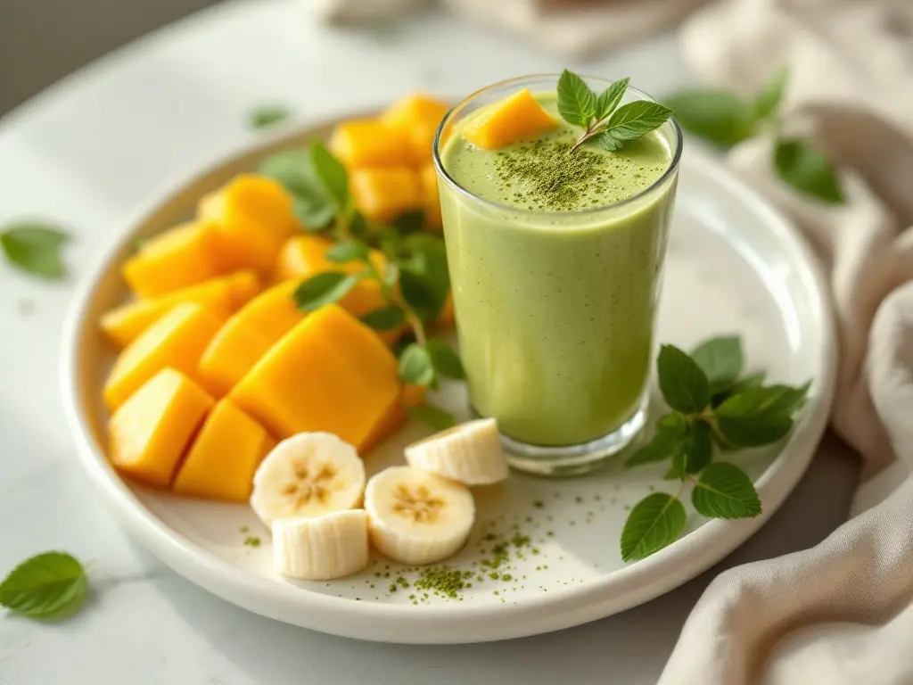 Grüner Matcha-Smoothie mit Spinat und Mango