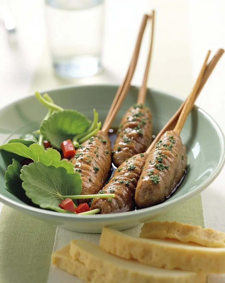Lammhack-Spieße mit Granatapfel-Joghurt-Dressing und Spinatsalat
