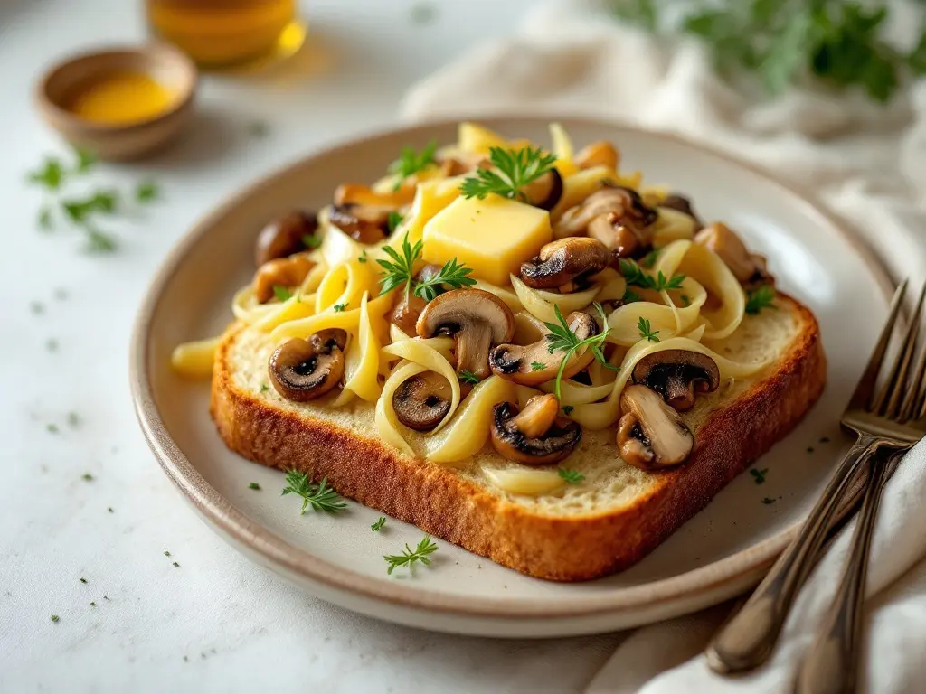 Herzhaftes Rührei mit Champignons und Schnittlauch auf Vollkornbrot