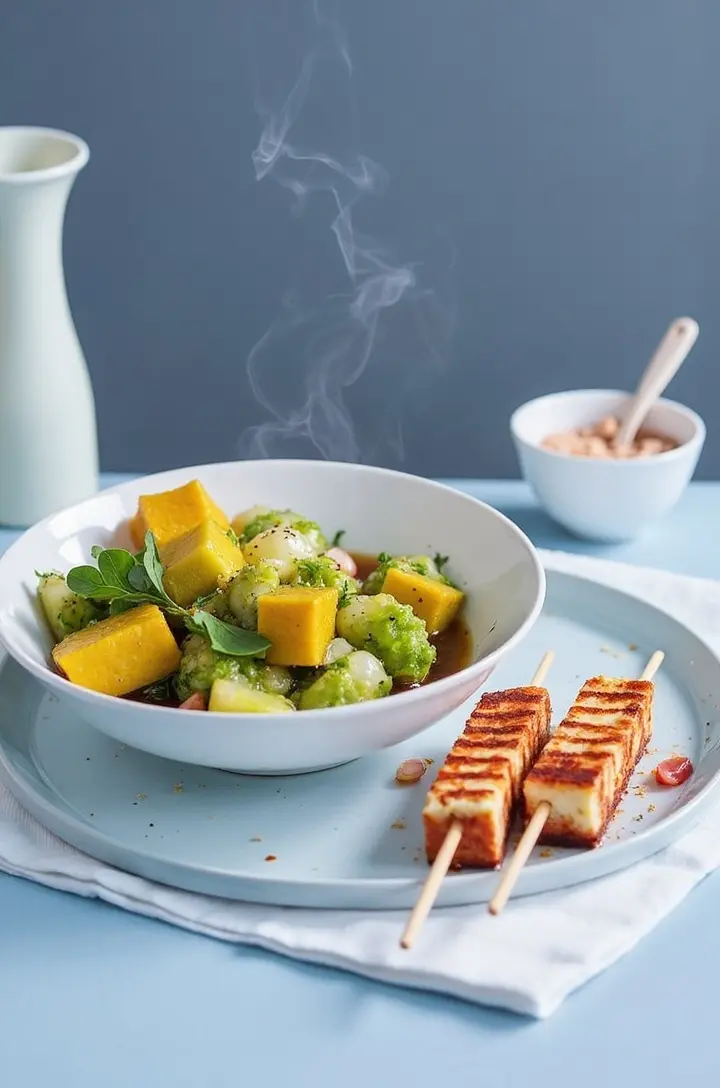 Gewürzte Hirse mit Zuckerschoten und gegrillten Tofuspießen an Erdnuss-Kokos-Sauce