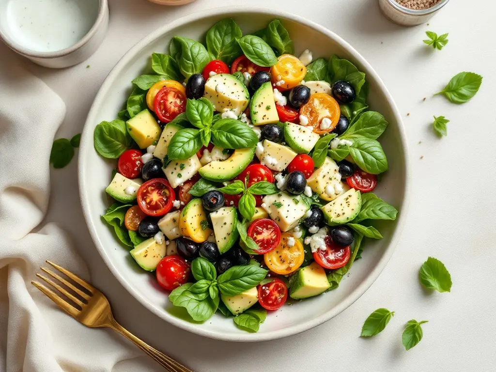 Frischer Hüttenkäsesalat mit Avocado, Kirschtomaten & gerösteten Pinienkernen