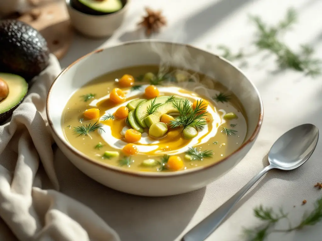 Kalte Avocado-Gurken-Suppe mit Dill und Kürbiskernen