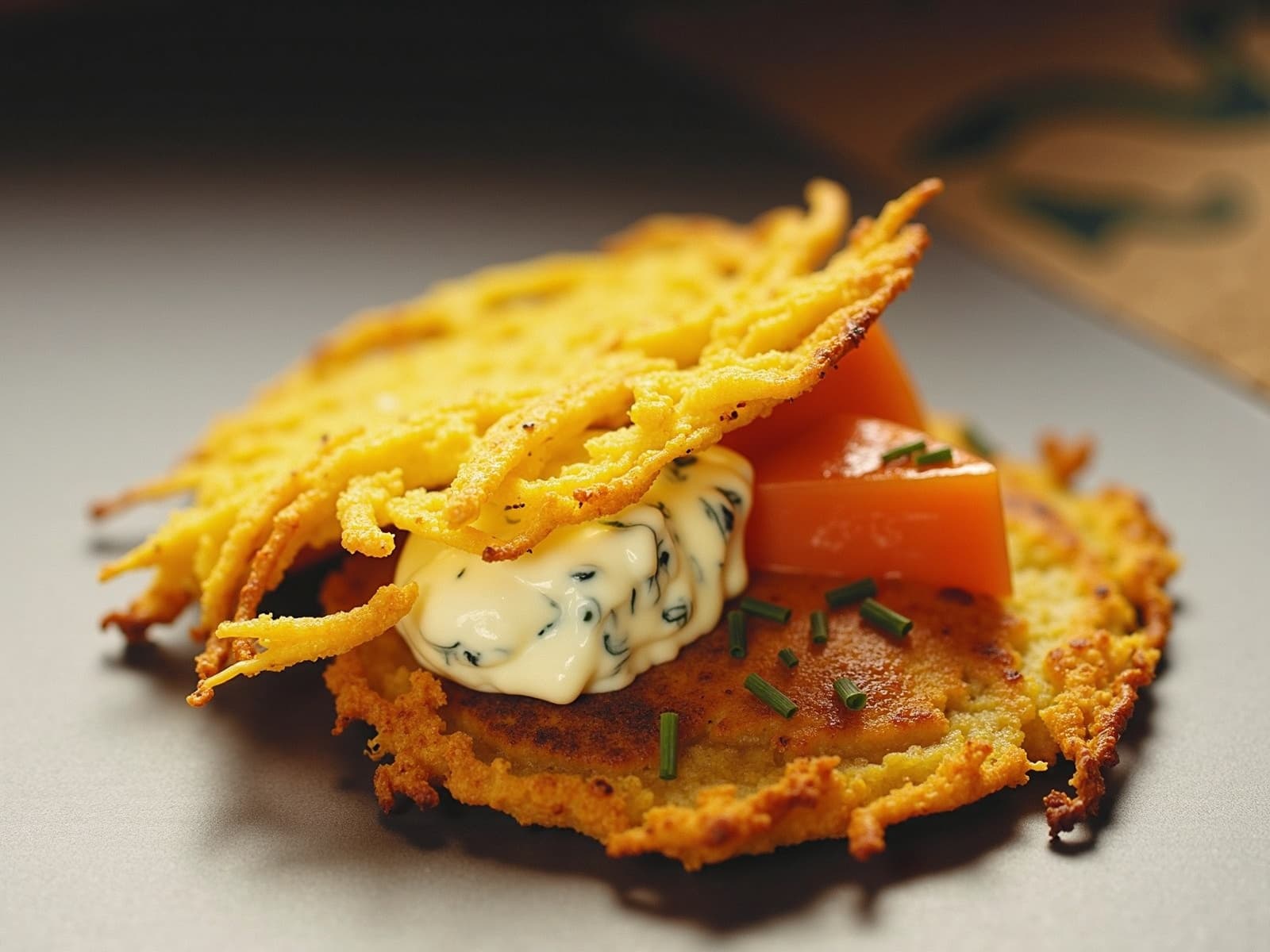 Knusprige Kartoffelrösti mit Räucherlachs und Schnittlauch-Creme