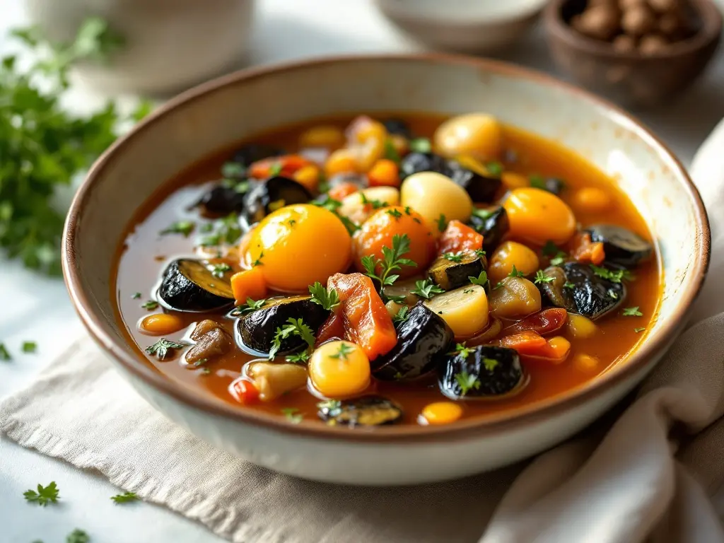 Kichererbsen-Linsen-Eintopf mit Aubergine und Ei