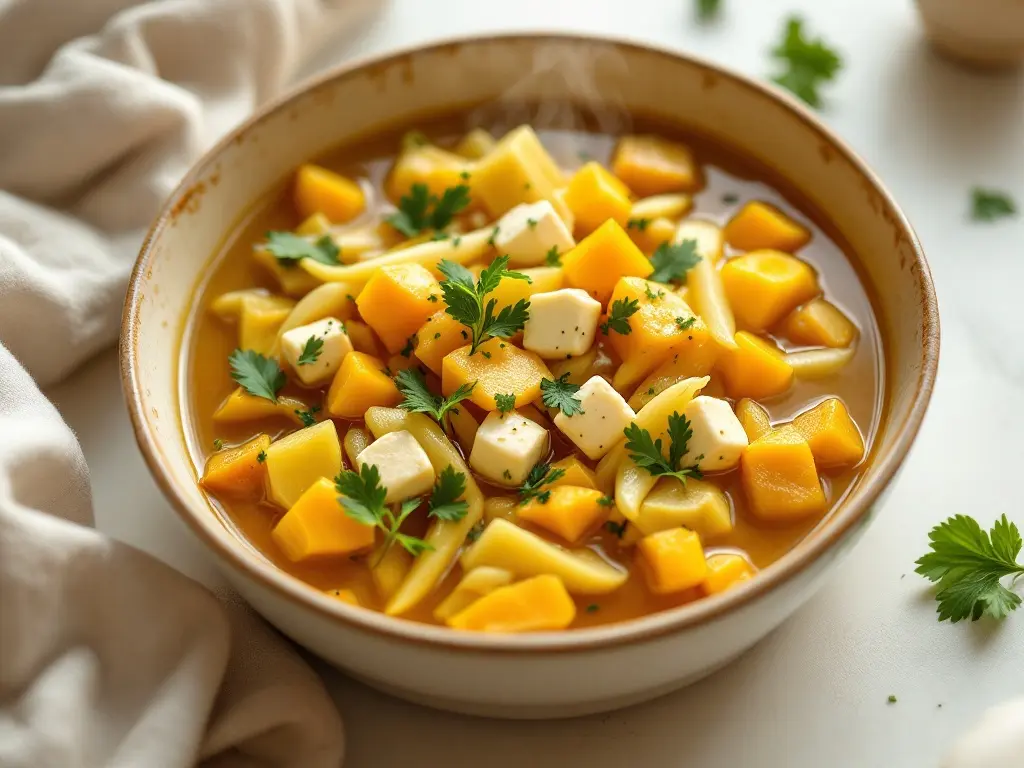 Kohlrabi-Mango-Curry mit Kurkuma-Mandel-Reis