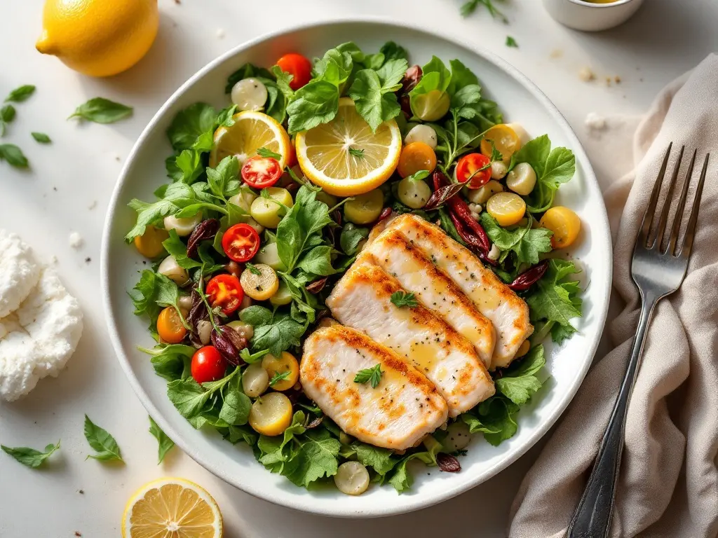 Gebratenes Lachsfilet mit buntem Blattsalat und Zitronen-Senf-Dressing