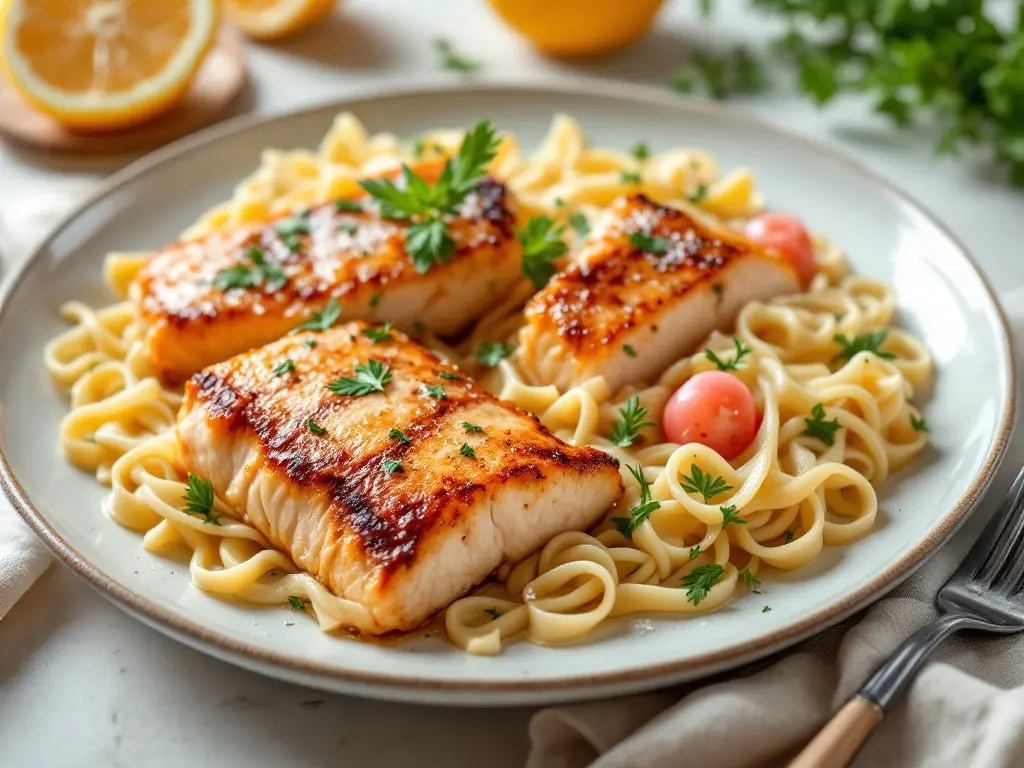 Bandnudeln mit Lachs in Zitronen-Sahnesauce und frischer Minze