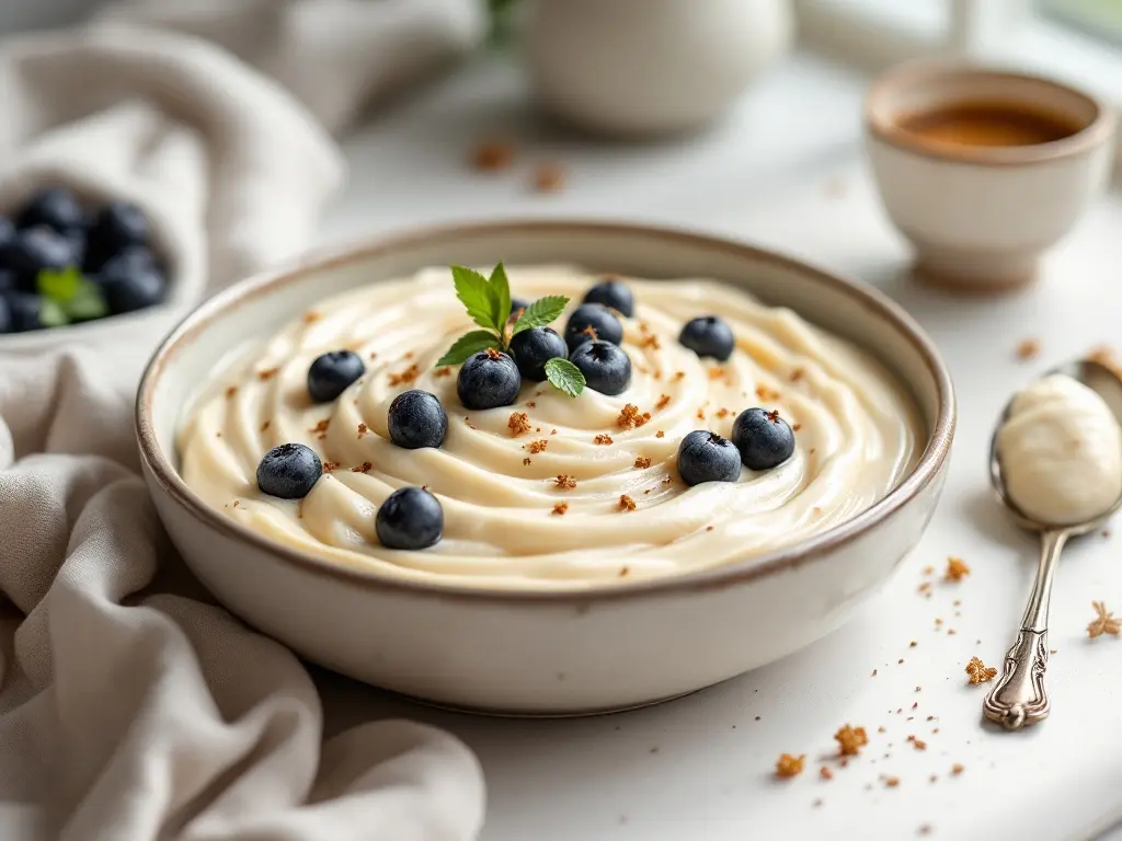 Cremiger Lavendel-Milchreis mit warmen Heidelbeeren