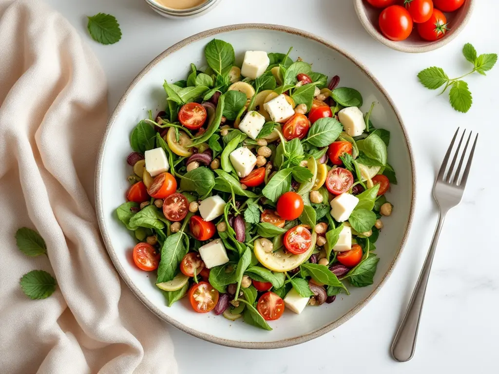 Warmer Hülsenfrüchte-Salat mit gebratenem Käse und Tahini-Dressing