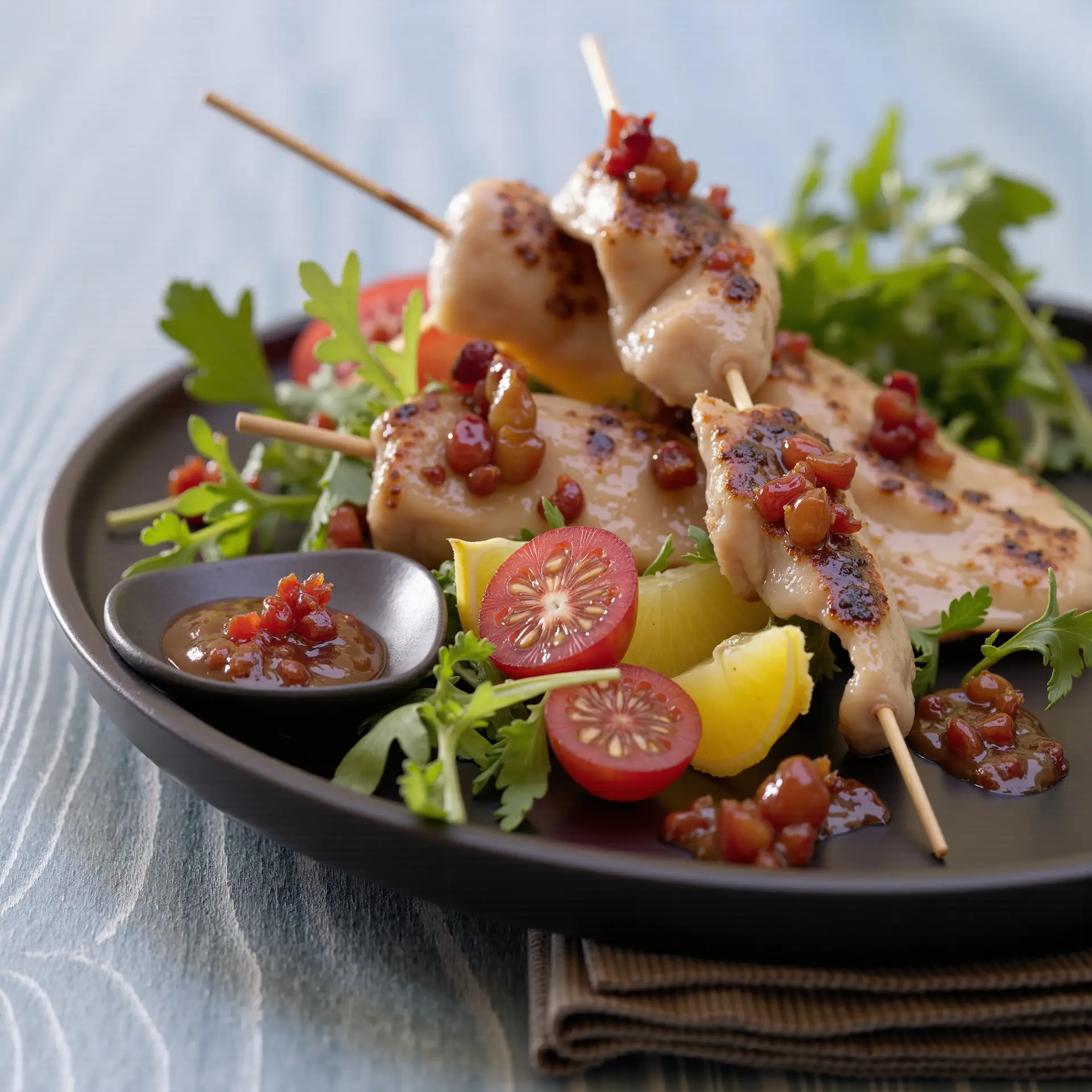 Gegrillte Hähnchenspieße mit Kokos-Erdnuss-Sauce