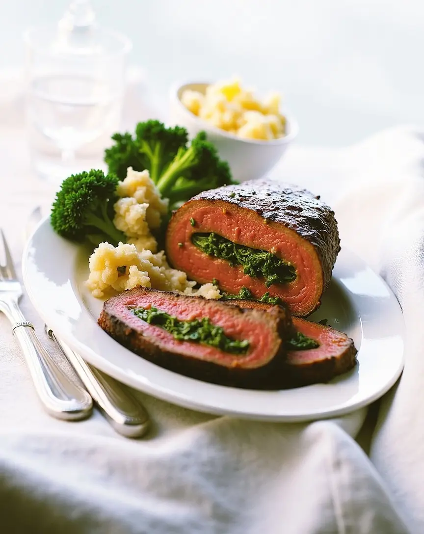 Spinatgefüllter Rinderbraten mit Brokkoli und Mandelbutter