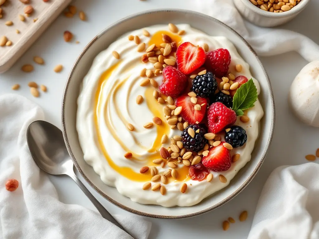 Mohn-Topfen-Creme mit Marillen und Kürbiskernen