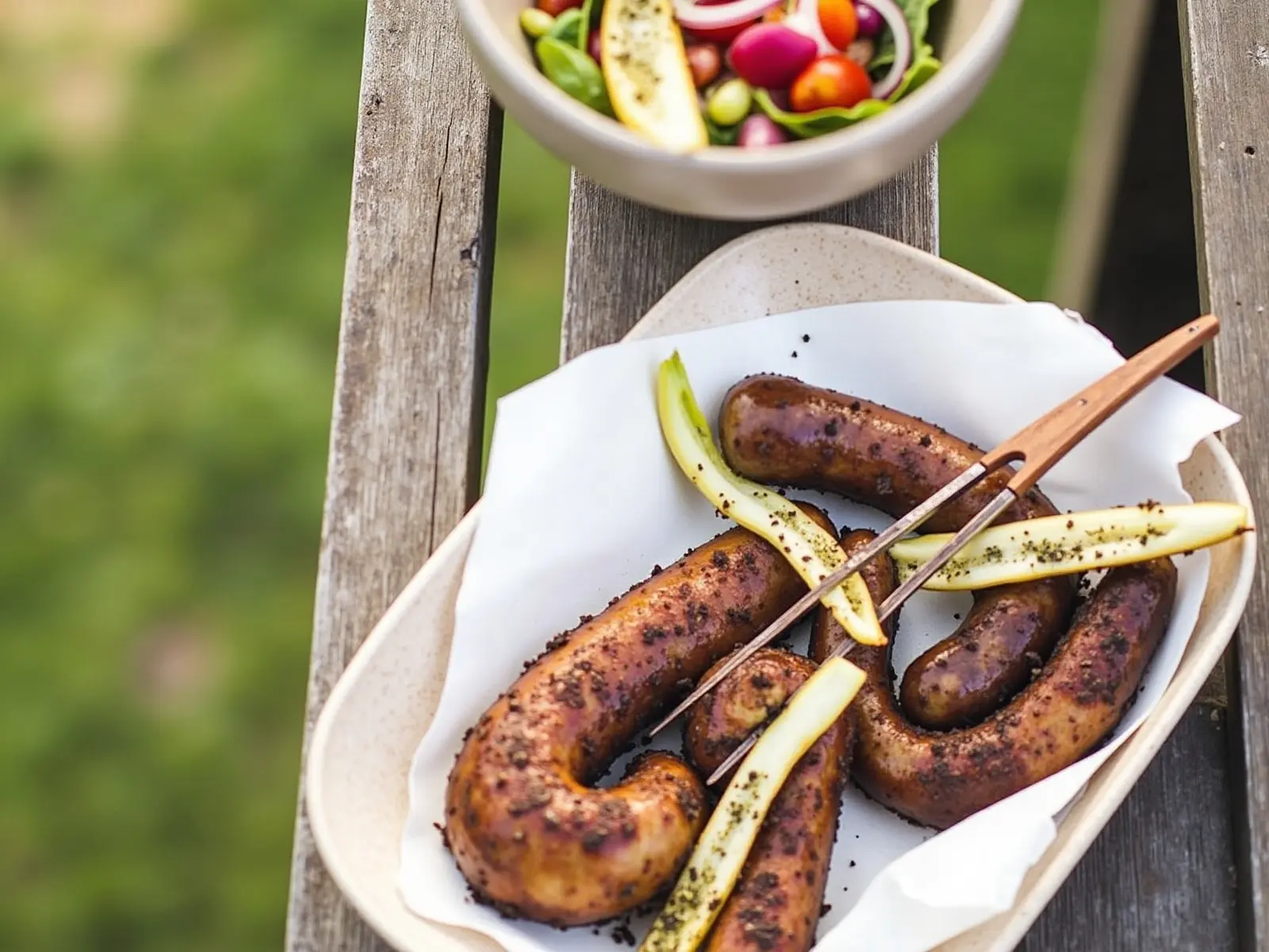 Gegrillte Bratwürstchen mit buntem Sommergemüsesalat