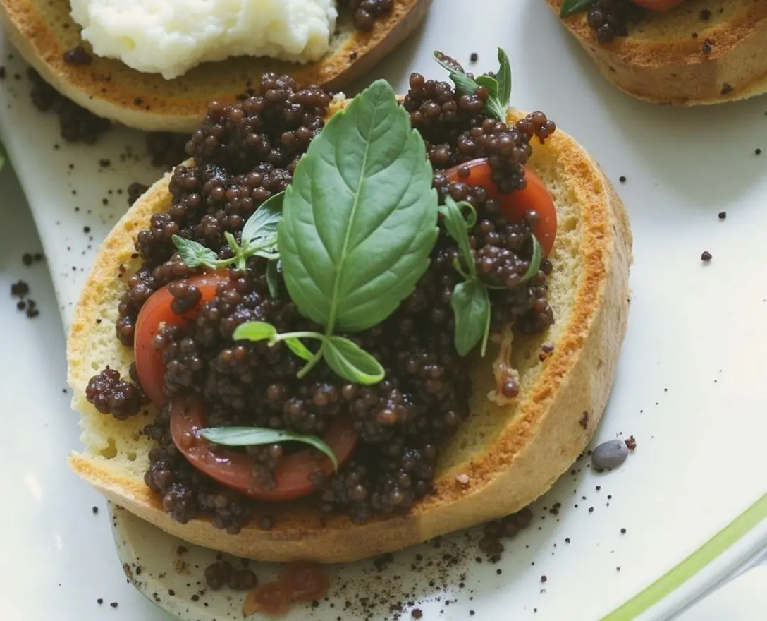 Oliven-Tapenade auf Baguettescheiben