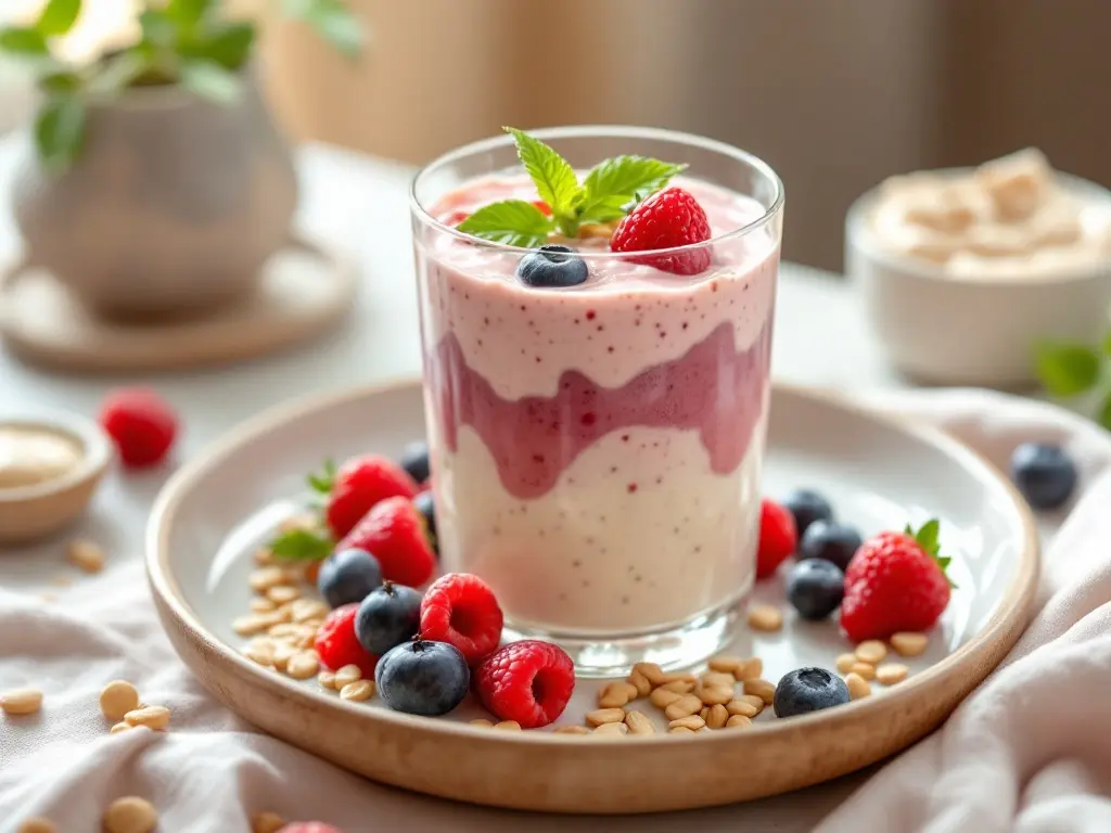 Overnight Oats mit Himbeeren, Chiasamen und Mandelmus
