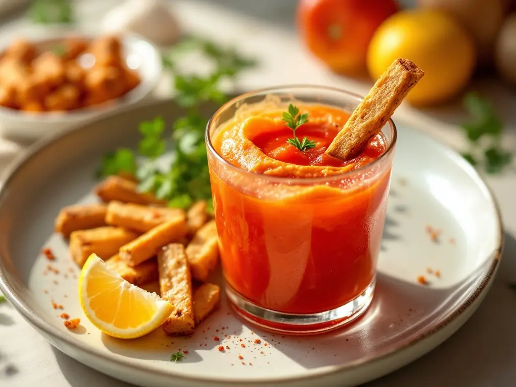 Roter Paprika-Hummus mit knackigen Ofengemüse-Sticks