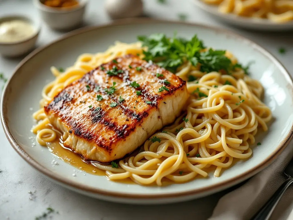 Bandnudeln mit Räucherlachs und Erbsen in Sahnesauce