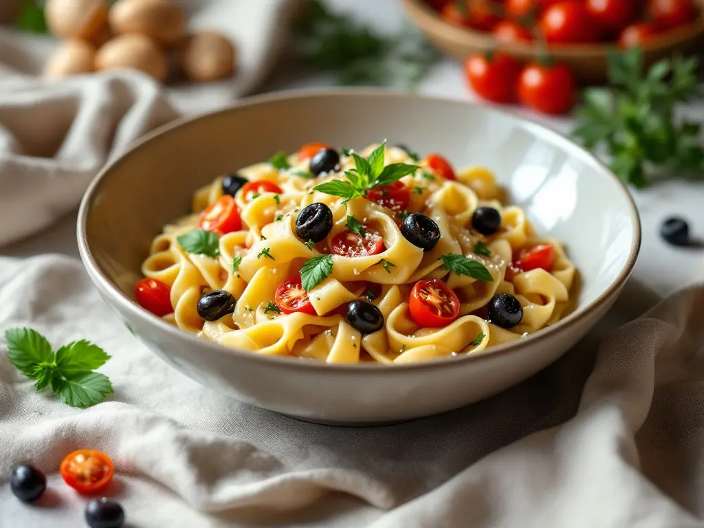 Pasta mit Oliven, Schafskäse und Kirschtomaten