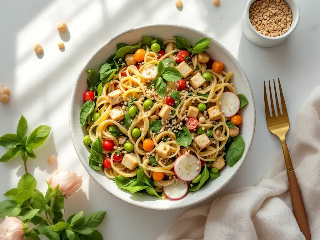 Protein-Bowl mit Hülsenfrucht-Pasta, knusprigem Räuchertofu und Sesamdressing