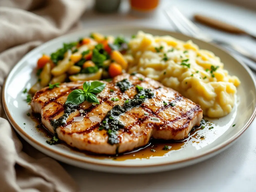 Gefüllter Putenbraten mit Olivenpesto, Röstgemüse und cremigem Kartoffelpüree