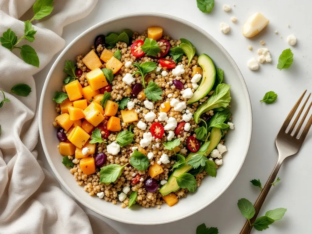 Quinoa-Bowl mit geröstetem Kürbis und Feta