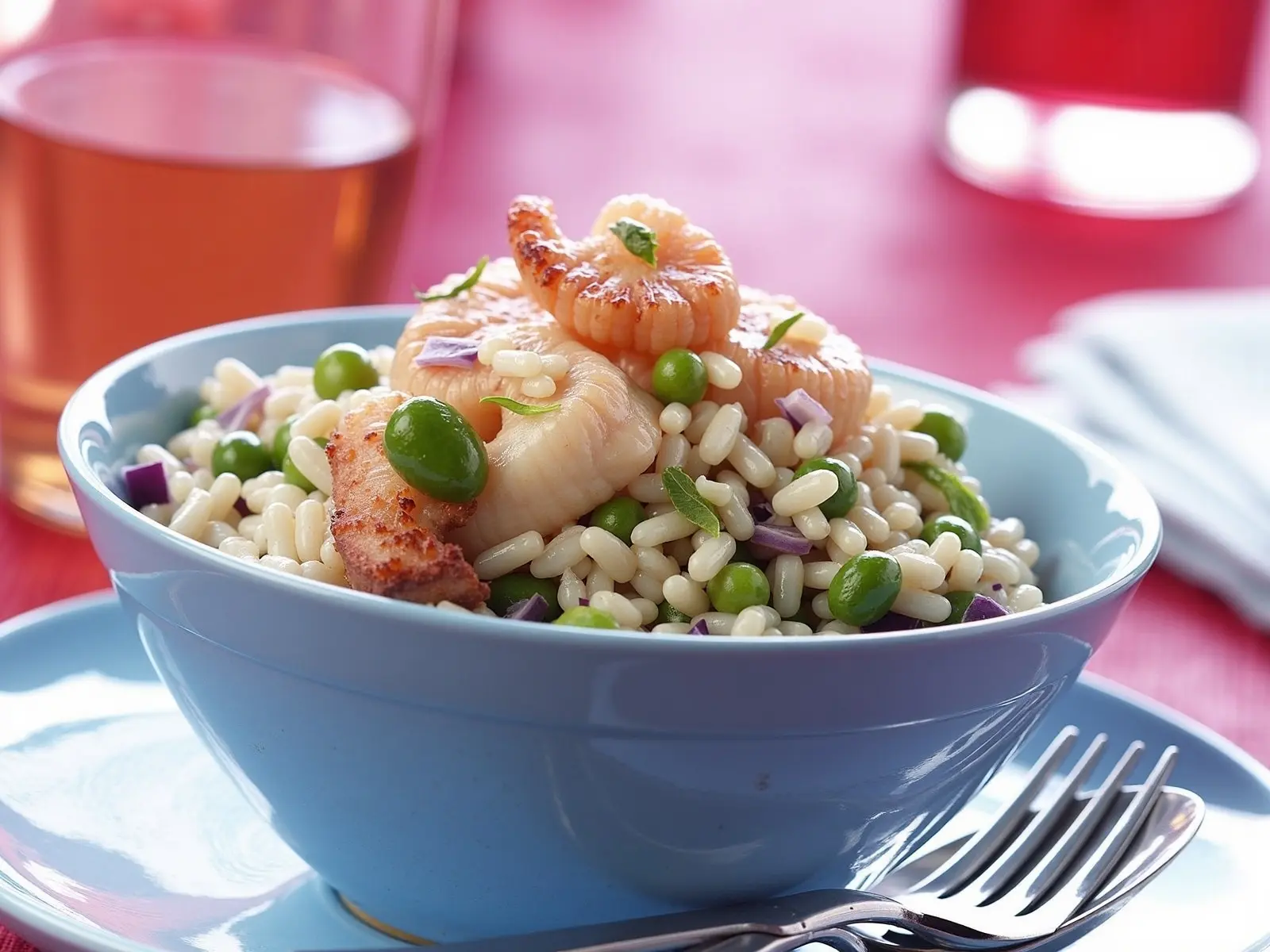 Cremiges Garnelen-Risotto mit grünen Bohnen und Erbsen