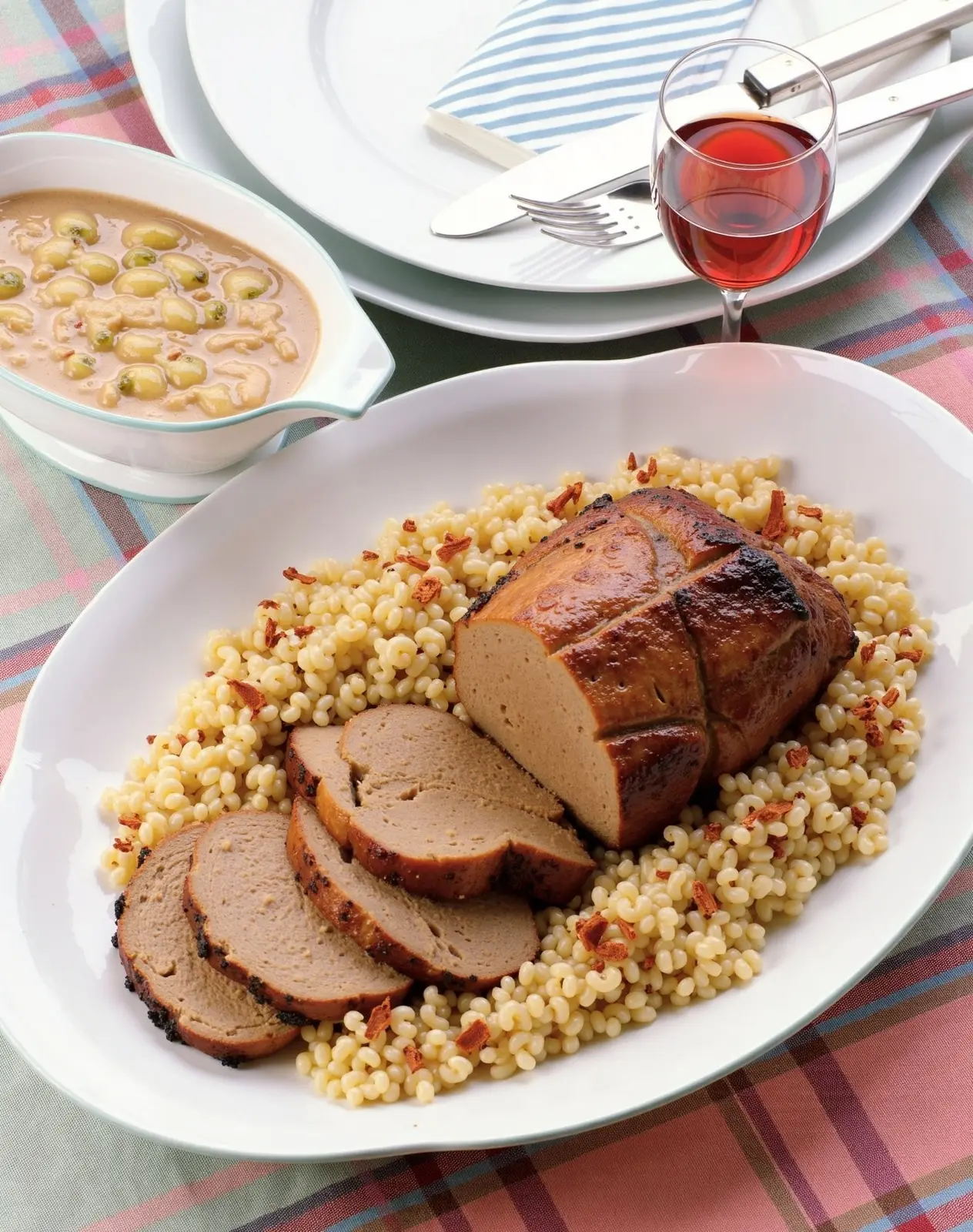 Geschmorter Rinderbraten mit Zwiebelsauce und Gemüsereis