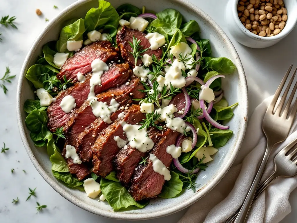 Gebratenes Roastbeef mit Feldsalat, Birnen und Gorgonzola-Vinaigrette
