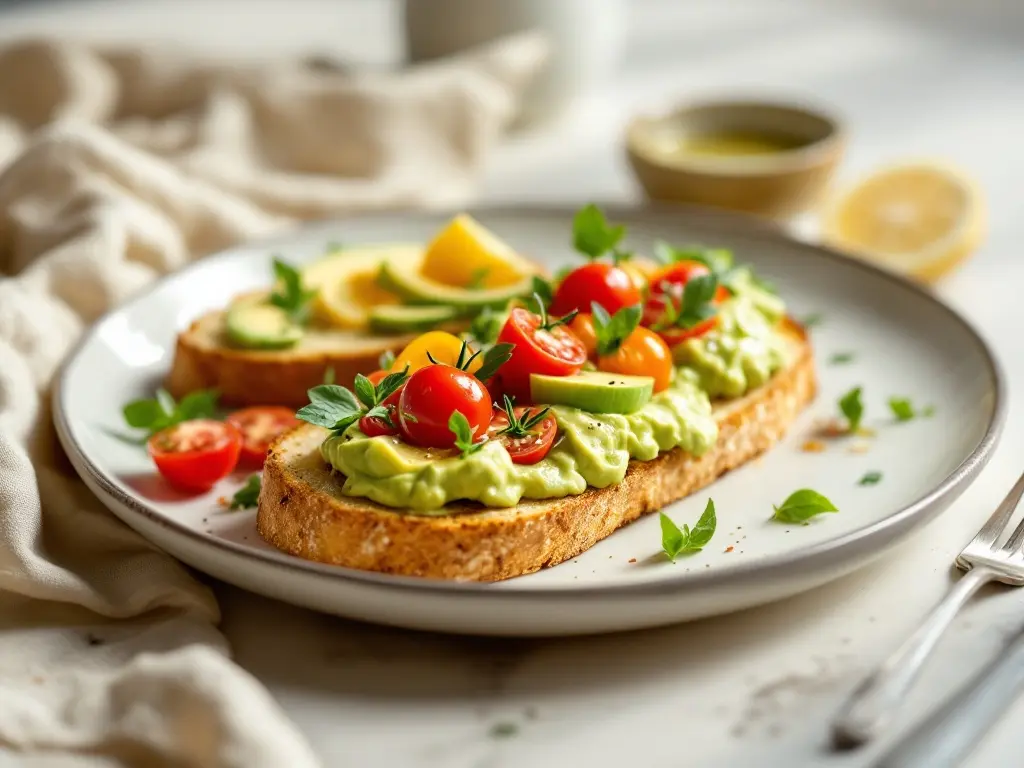 Knusprige Röstbrote mit Avocadocreme und Kirschtomaten
